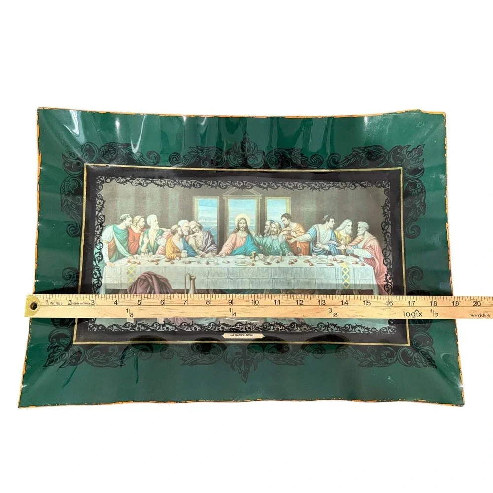 Vintage Last Supper‎ Serving Tray Wall Hanging 19x13 Green Gold MCM Decor